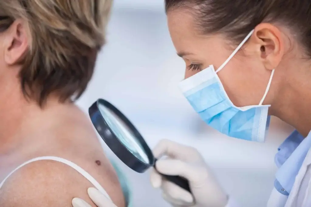 Dermatologist examining mole of female patient