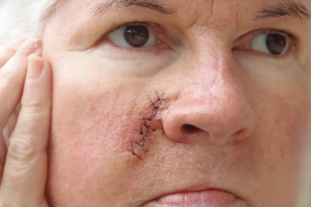 An older woman has a surgical scar on her face